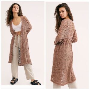 Free People Sweet Talker Long Crochet Cardigan Brown Boho Waist Tie Open Knit-L